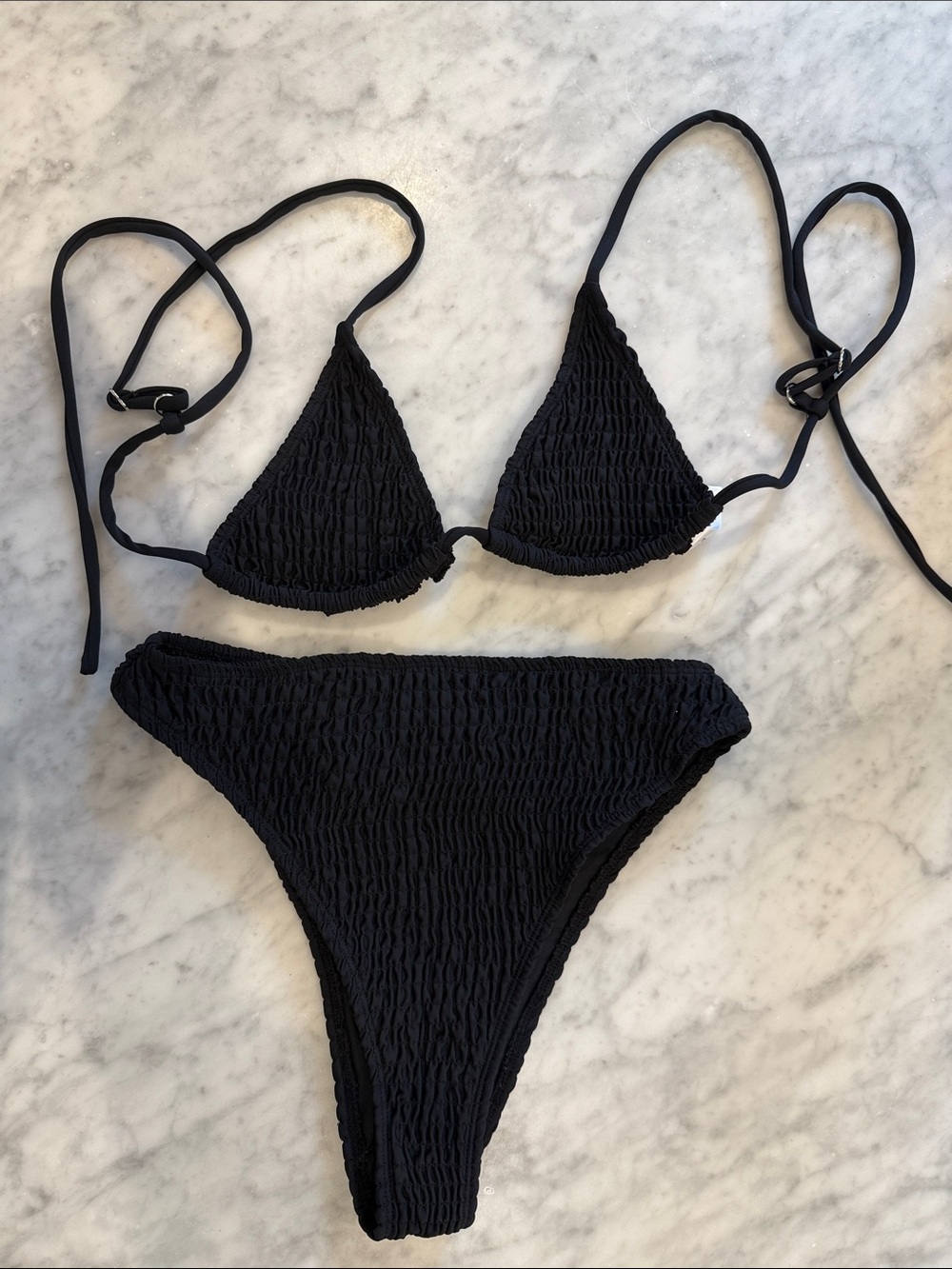Charlie Holiday Black Smocked Bikini Top and Bottom